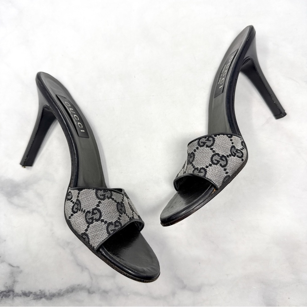 GUCCI Vintage 90s Y2K Monogram GG Leather Minimalist Slide Mule Sandal Heels 9.5 - Picture 7 of 16